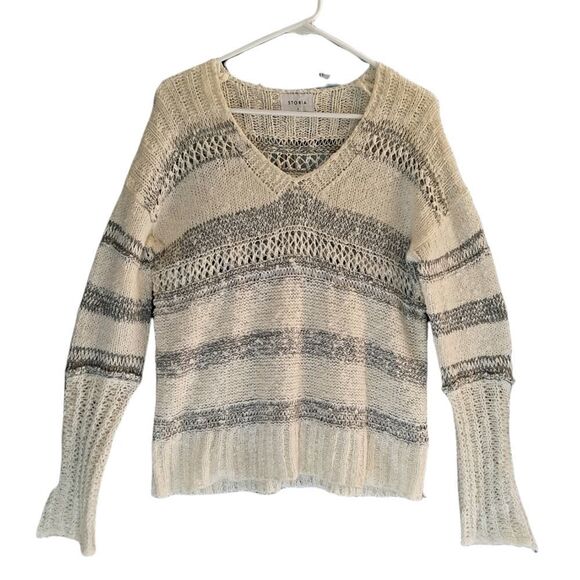 Storia Loose Knit Sweater Gray White Striped Small - Picture 1 of 10